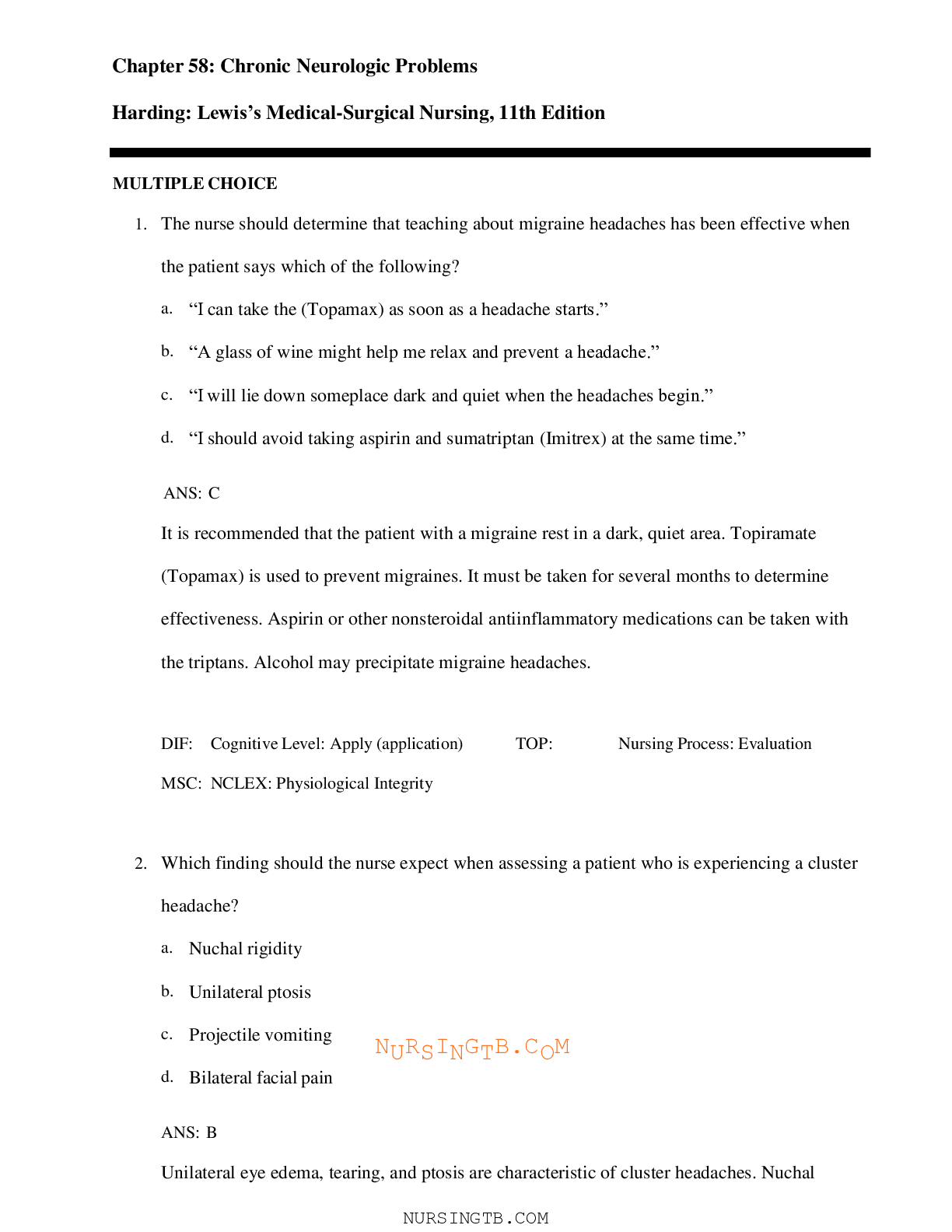 Preview image for Chapter 58: Chronic Neurologic Problems, Harding: Lewis’s Medical-Surgical Nursing, 11th Edition - Newly Updated Complete Solutions, Score A+